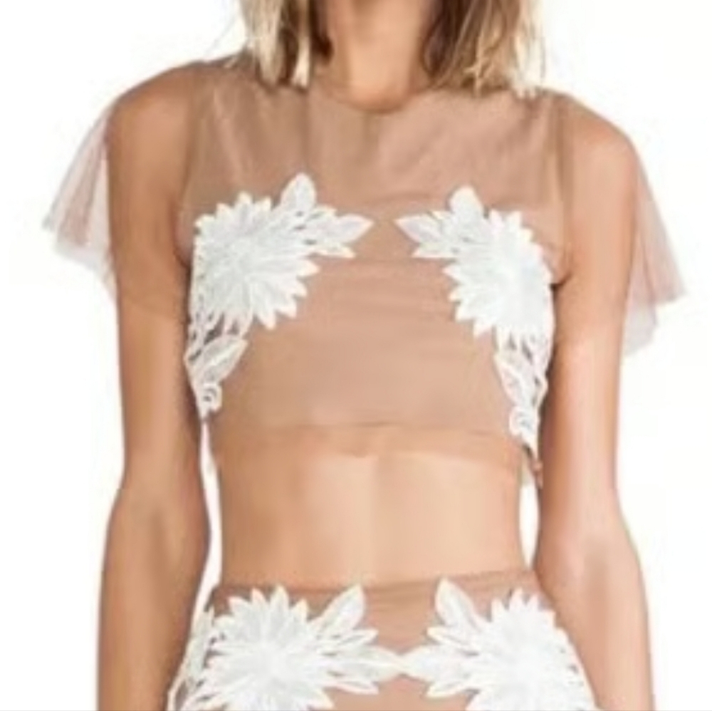 For Love & Lemons Balmy Night tan embellished crop top, Floral Applique XS